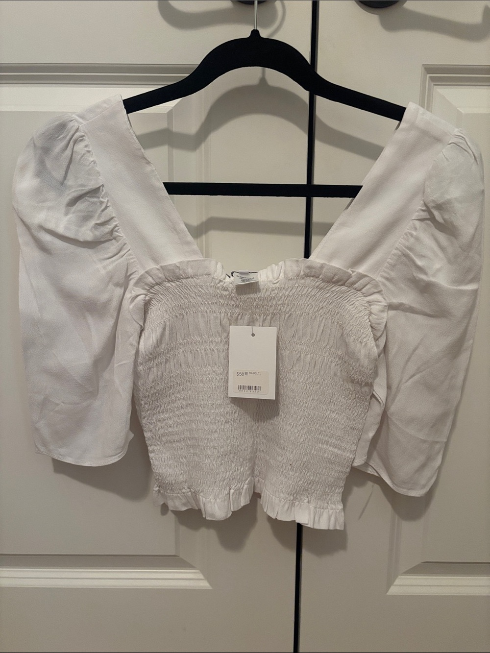 Olivaceous White Smocked Puff-Sleeve Crop Top